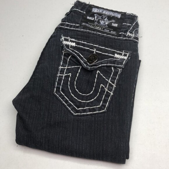 True Religion Black Straight Leg Jeans with Signature Stitching - Picture 1 of 12
